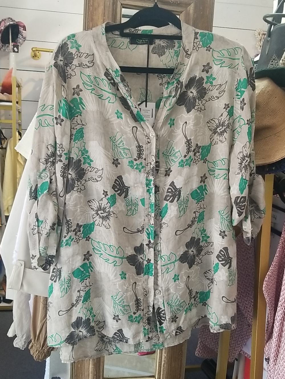Cherish Light Gray Floral Button-Up Blouse with Green Accents
